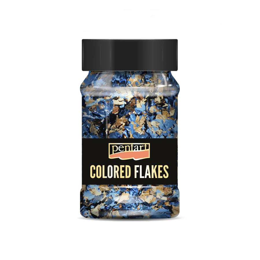 Bottle of coloured flakes with a black lid
