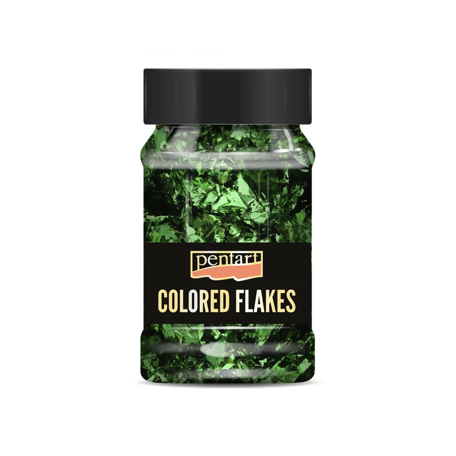 Bottle of green coloured flakes with a black lid