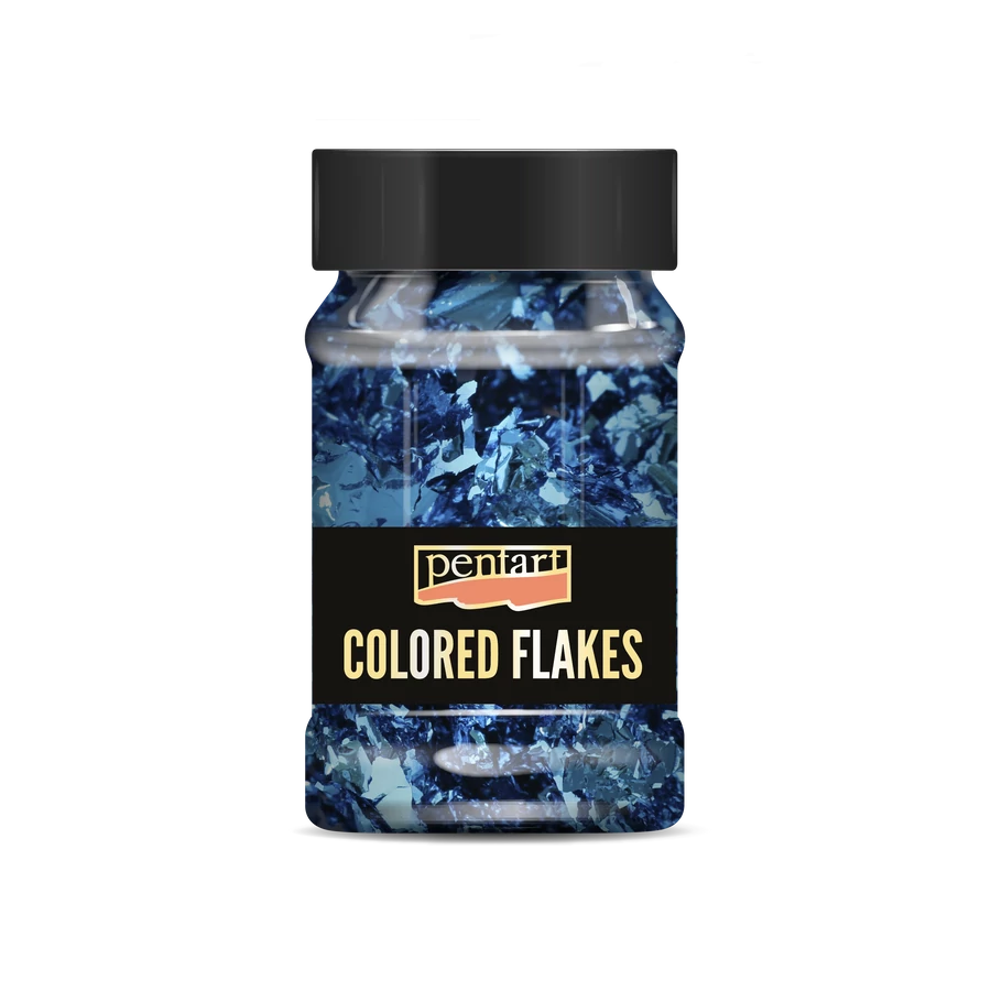 Bottle of blue coloured flakes with a black lid
