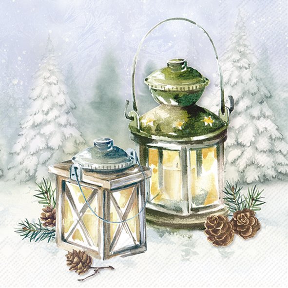 Two lanterns with glowing lights in a snowy landscape with trees and pinecones.