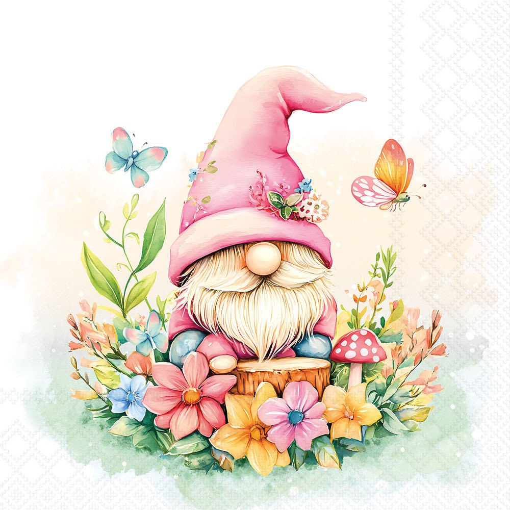 Cartoon gnome with a pink hat surrounded by flowers and butterflies on a light background