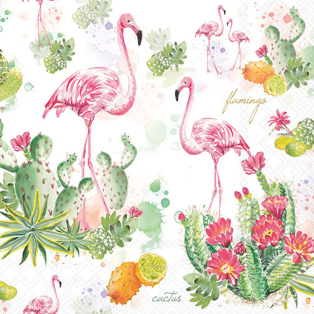 Pattern of pink flamingos, cactus, and flowers on a white background