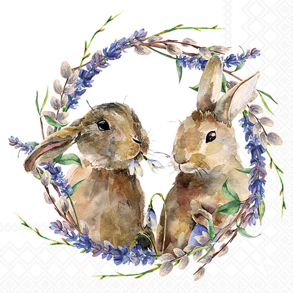 Two rabbits surrounded by lavender flowers and green leaves on a white background