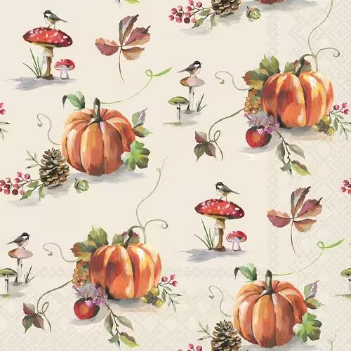 Autumn pattern with pumpkins, mushrooms, pinecones, berries, leaves, and small birds on a light background.