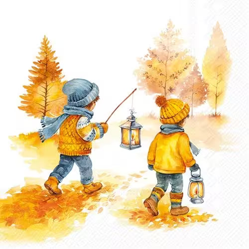 Two children walking through autumn leaves, wearing cozy hats and jackets, each carrying a lantern.