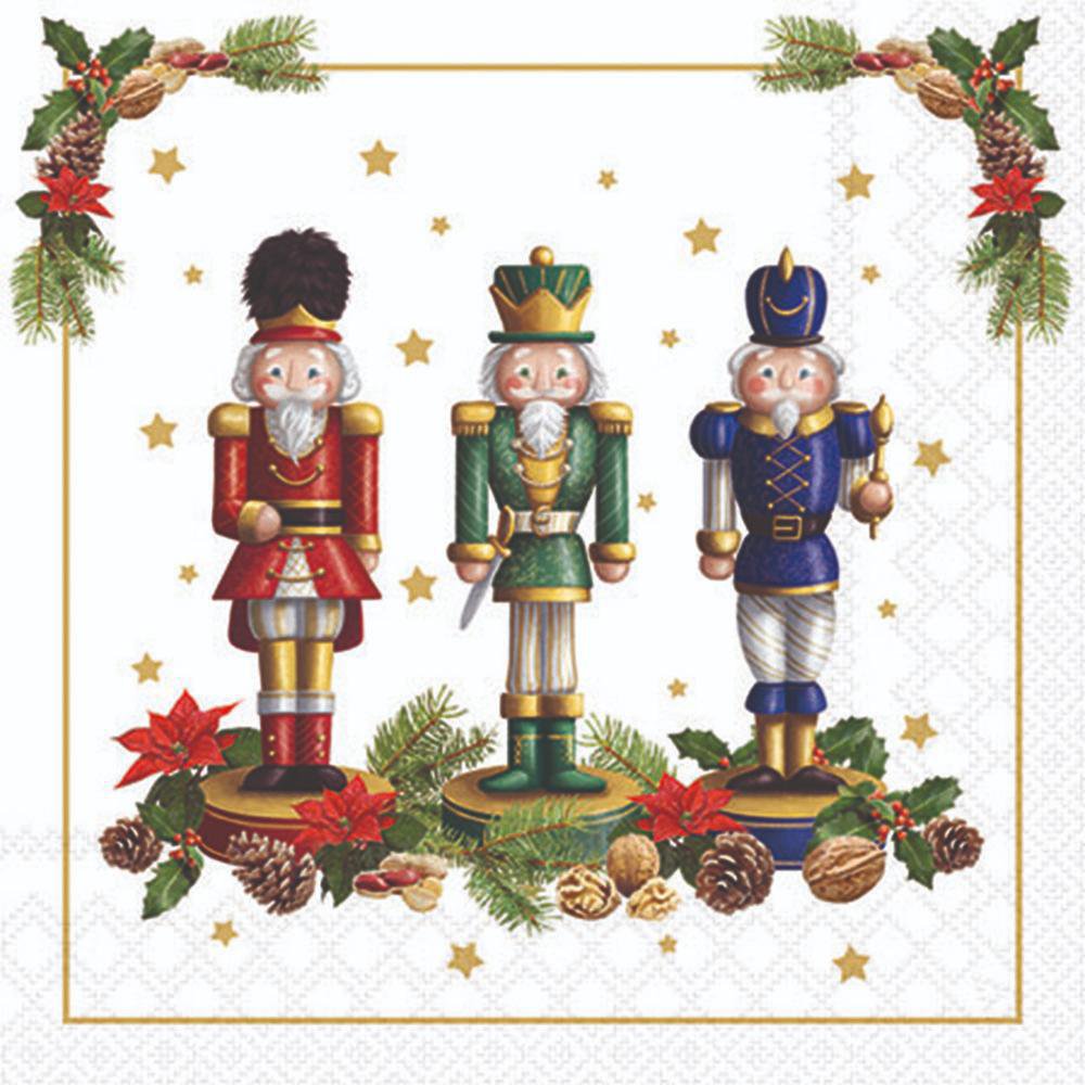 Three nutcrackers in red, green, and blue with Christmas decorations on a white background.