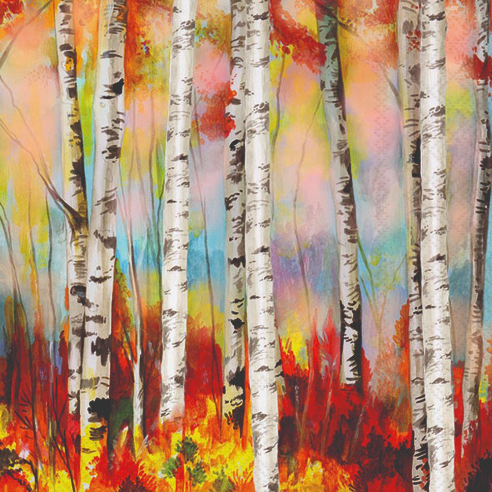 Colorful abstract painting of birch trees with vibrant autumnal colors.