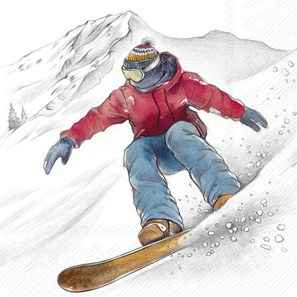 Illustration of a person snowboarding down a snowy slope