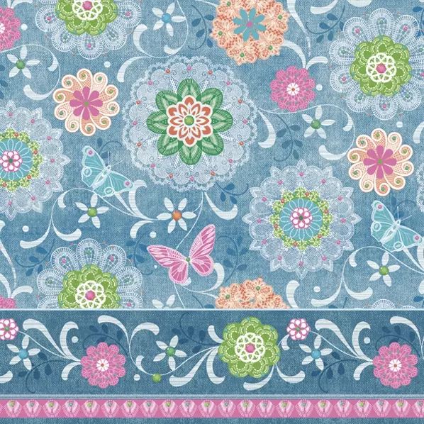 A colourful napkin with a floral mandala pattern and butterflies on a blue background.