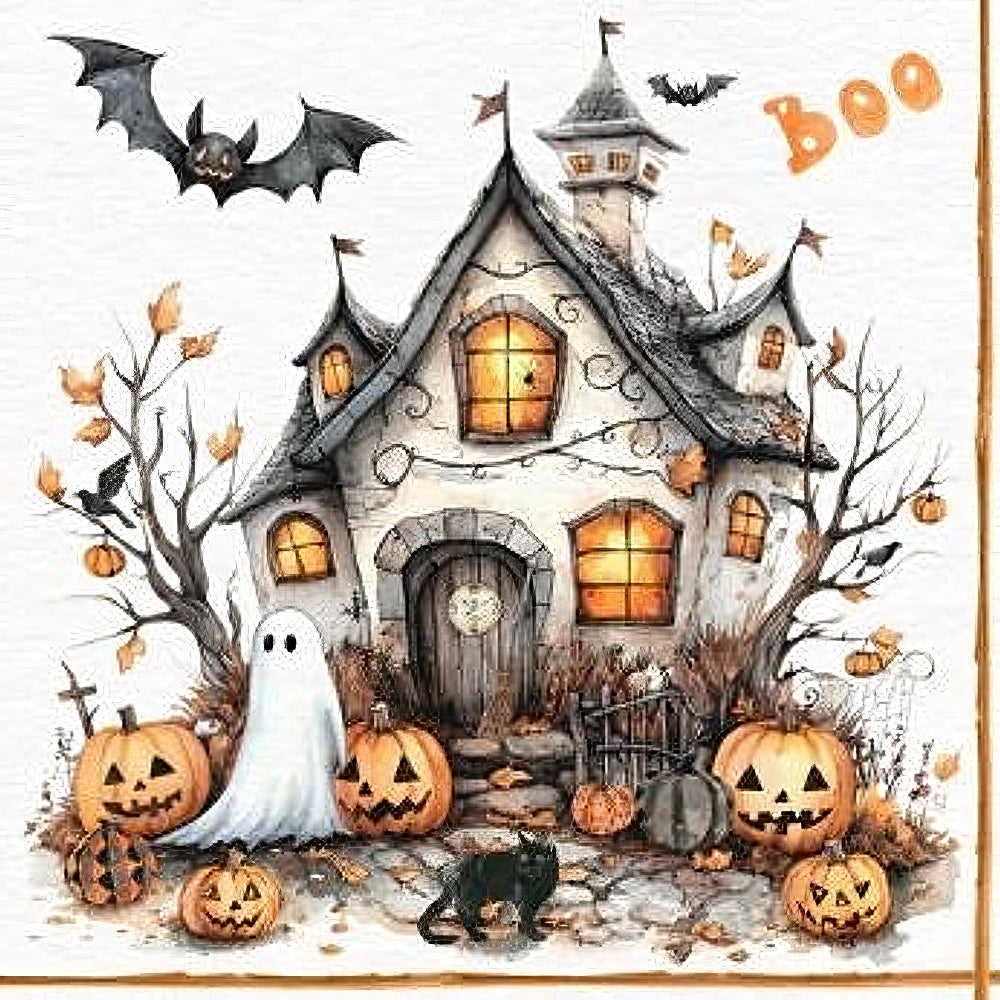 A cozy haunted house with glowing windows, surrounded by pumpkins, a ghost, bats, and bare autumn trees.
