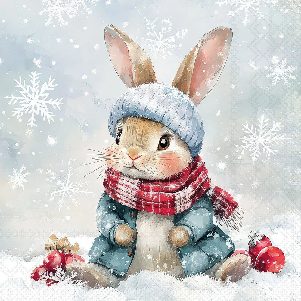 Illustration of a rabbit in winter clothing with snowflakes in the background