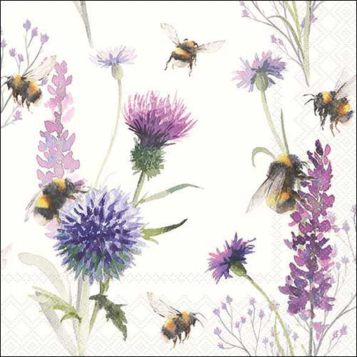 A paper napkin with a floral pattern featuring purple flowers and illustrations of bumblebees.