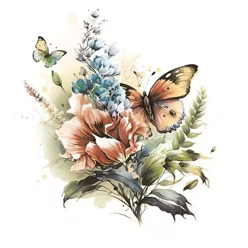 A soft watercolor floral arrangement with pink flowers, blue blossoms, green leaves, and two butterflies.
