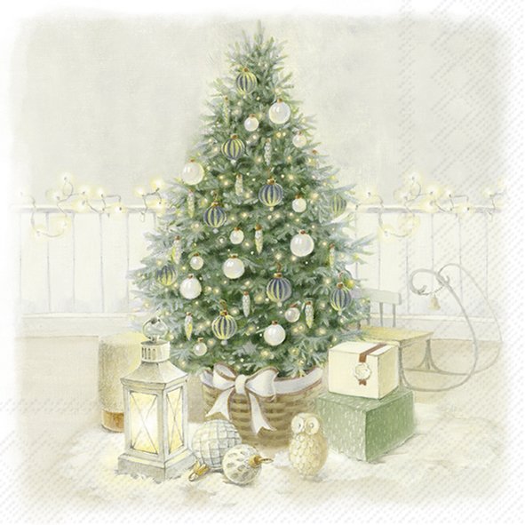 Decorated Christmas tree with ornaments and presents in a softly lit room.