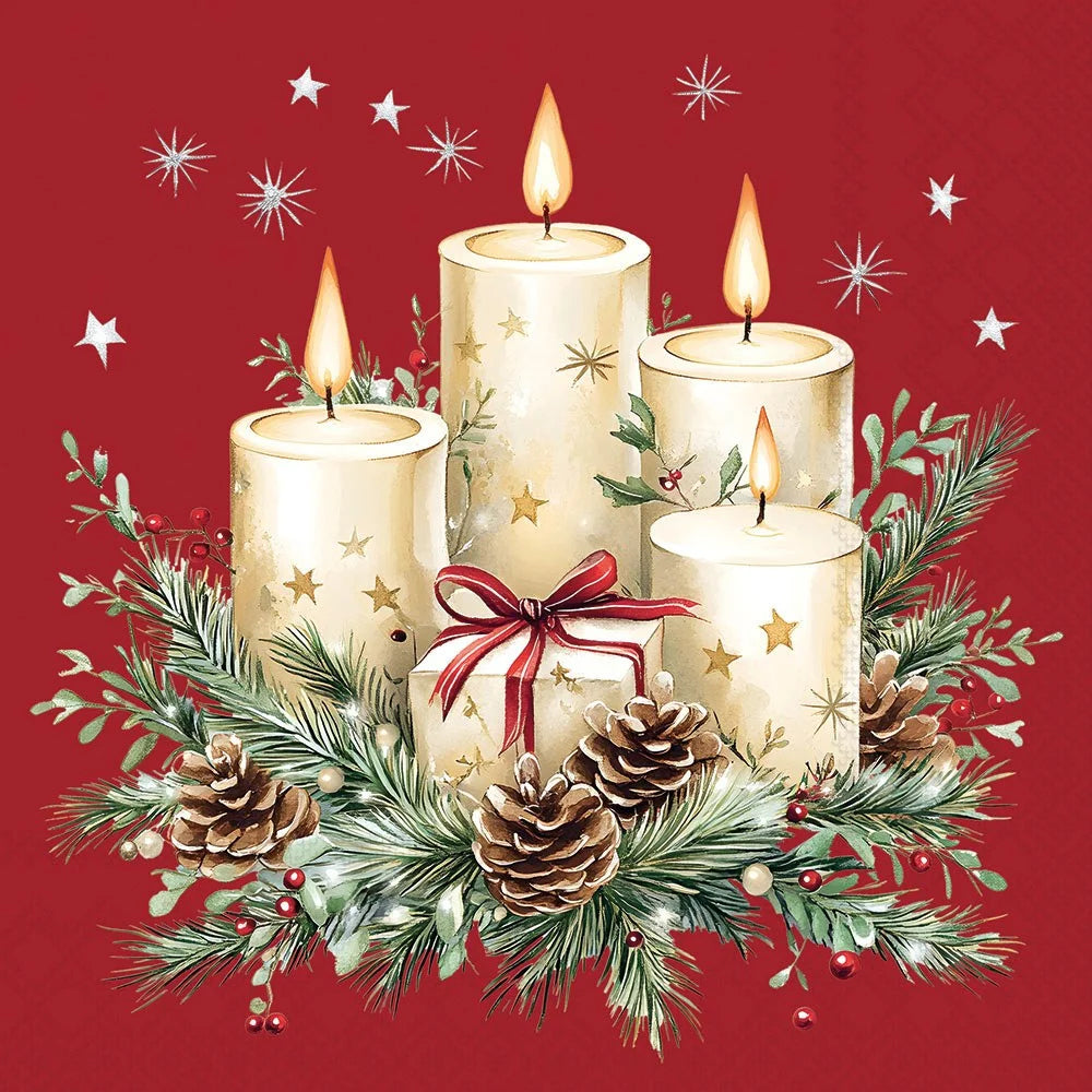 A festive Christmas illustration featuring four cream-colored pillar candles with gold star details, lit with glowing flames, arranged in a wreath with pine branches, pinecones, and a red ribbon bow on a solid red background with white star accents.