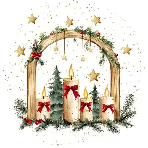 A Christmas candle arrangement with four lit candles, red bows, pine branches, berries, golden stars, and a wooden arch.