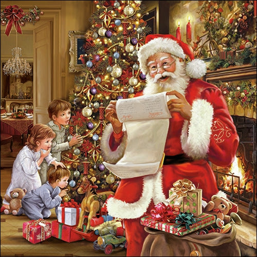 Illustrated image of Santa Claus reading a letter to children on Christmas Eve, with a festive Christmas tree and gifts in the background.