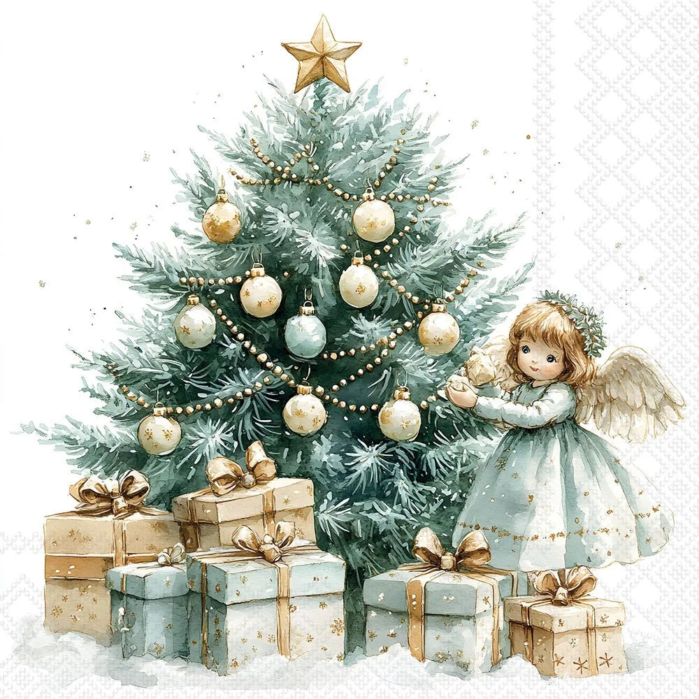 A festive watercolor illustration of a decorated Christmas tree with gold and pastel ornaments, a gold star topper, wrapped gift boxes, and a young angel in a pale blue dress standing beside the tree.