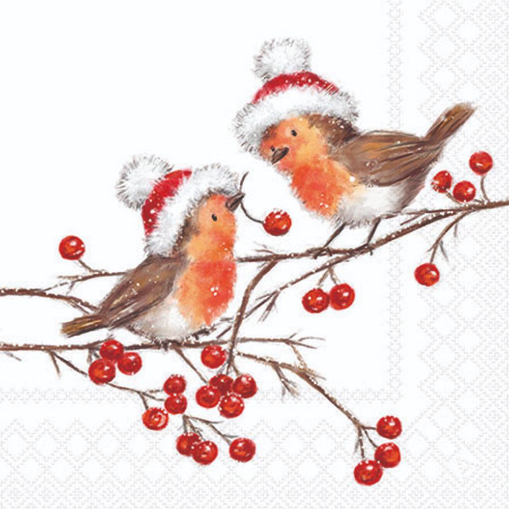 Two birds wearing Santa hats on a branch with red berries
