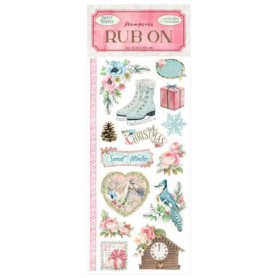 Rub-on transfer sheet with winter-themed designs on a white background