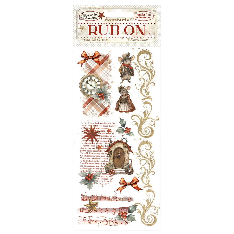 Decorative rub-on transfers with vintage-themed designs on a white background