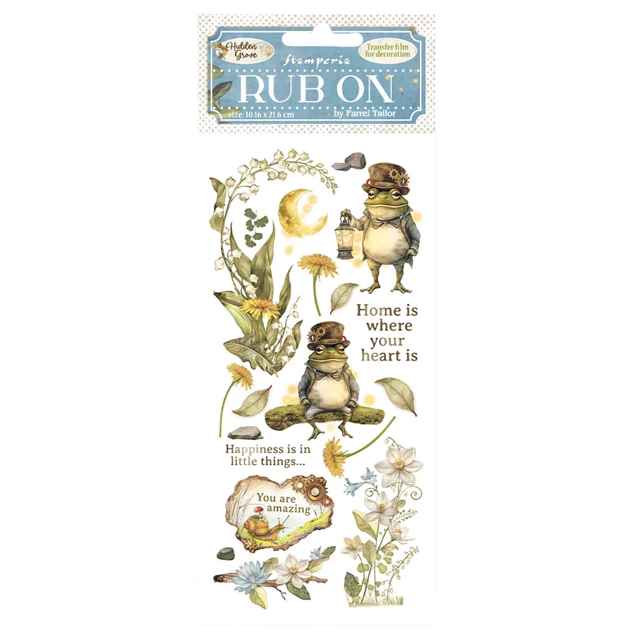 Decorative rub-on transfers with frog illustrations and motivational phrases on a white background.