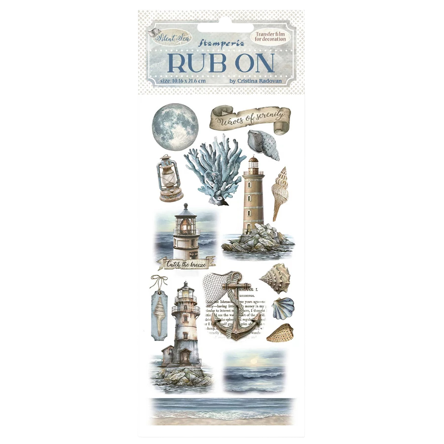 Decorative rub-on transfers with lighthouse, seashells, and nautical elements on a white background.