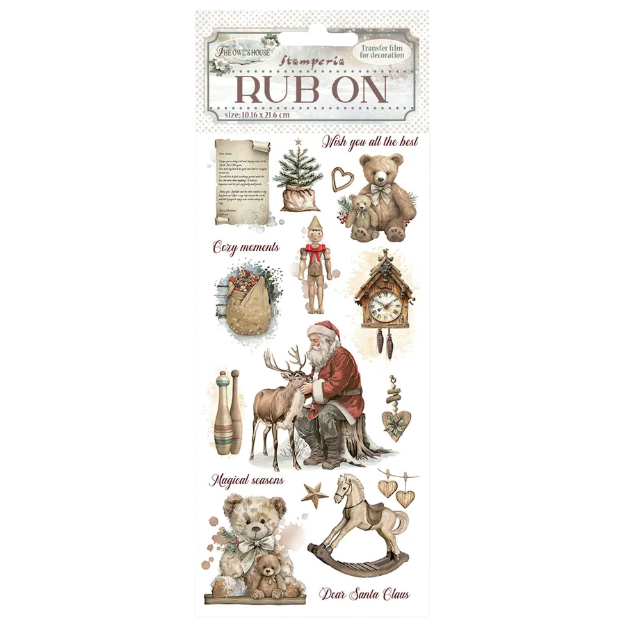 Collection of Christmas-themed rub-on transfers with Santa Claus, reindeer, and other festive elements on a white background.