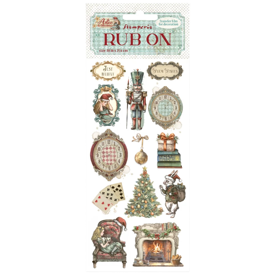 Collection of Christmas-themed rub-on transfers with decorative designs on a white background.