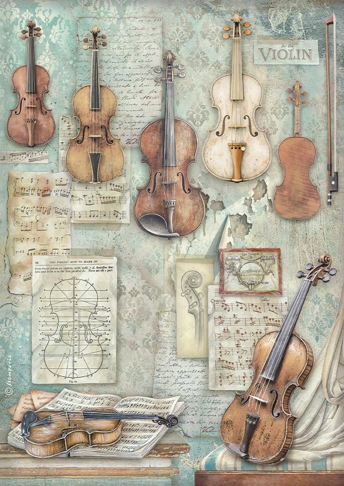 A vintage-style collage featuring multiple violins in different colors and finishes, sheet music, musical notes, and a blue-green distressed background with the word 'VIOLIN' at the top right.