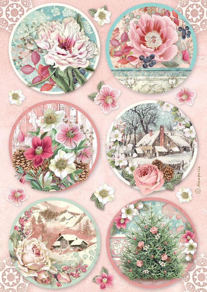 A sheet of decorative paper featuring six circular vintage-style illustrations with floral and winter scenes on a pale pink patterned background.