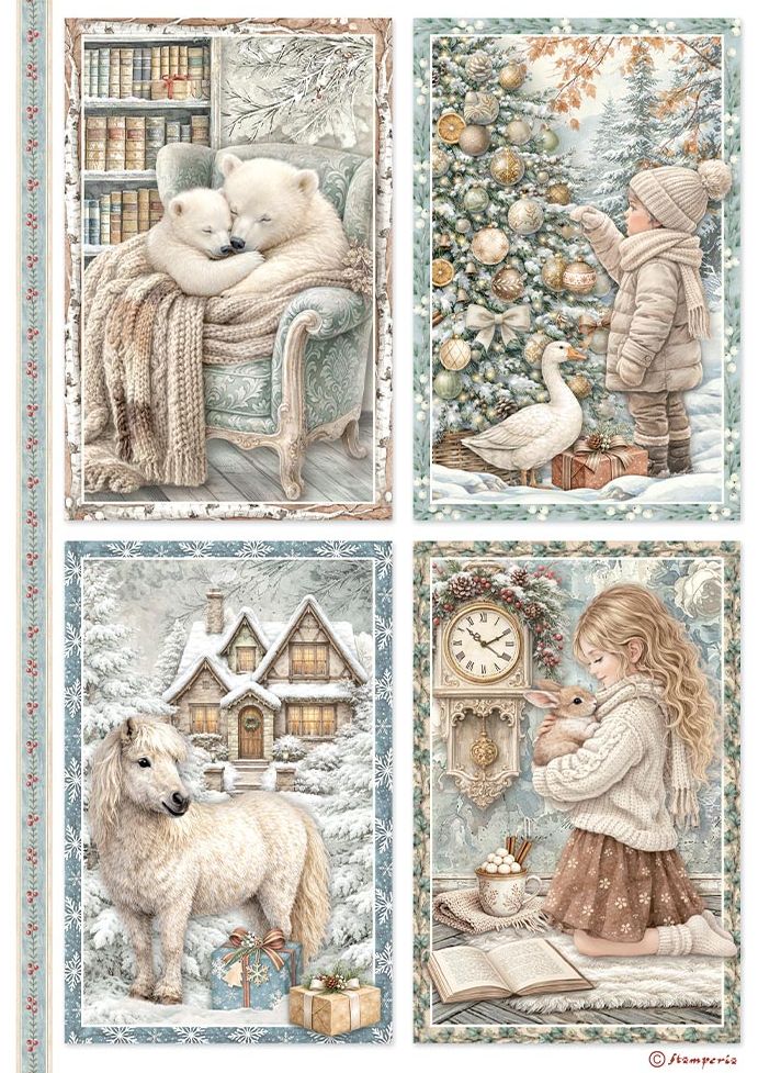 A four-panel winter illustration sheet featuring cozy Christmas scenes: two polar bears in an armchair, a child decorating a Christmas tree with a goose, a snowy house with a pony, and a girl reading with a rabbit. The artwork has a vintage, soft pastel look with cream, beige, blue, and brown tones.