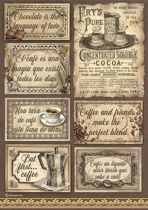 A collection of various coffee and chocolate themed labels with vintage designs, such as steins of coffee and chocolate cups, and text phrases related to the products.