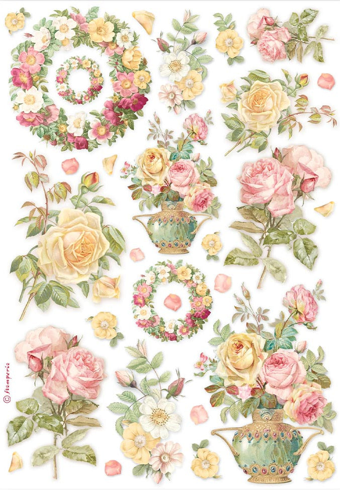 Rice paper with flowers, wreaths, and teapots.