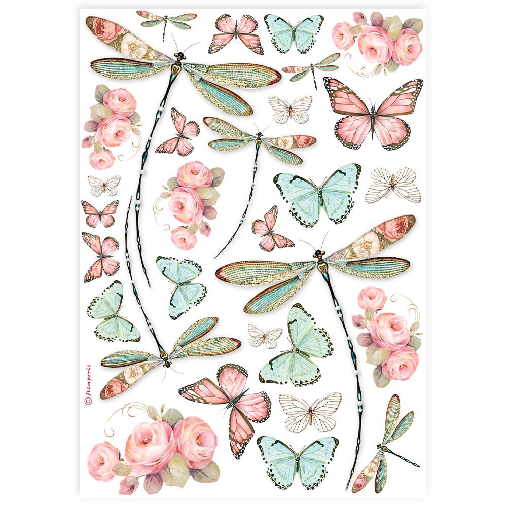 A sheet of rice paper featuring printed images of dragonflies, butterflies, and roses in a pastel color palette.