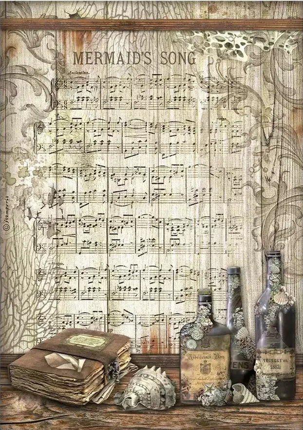 Rice paper with a musical theme and mermaid illustrations, labeled with 'MUSICA' and 'Stamperia' branding.