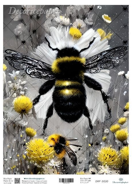 Illustration of a bee and flowers on a decorative paper
