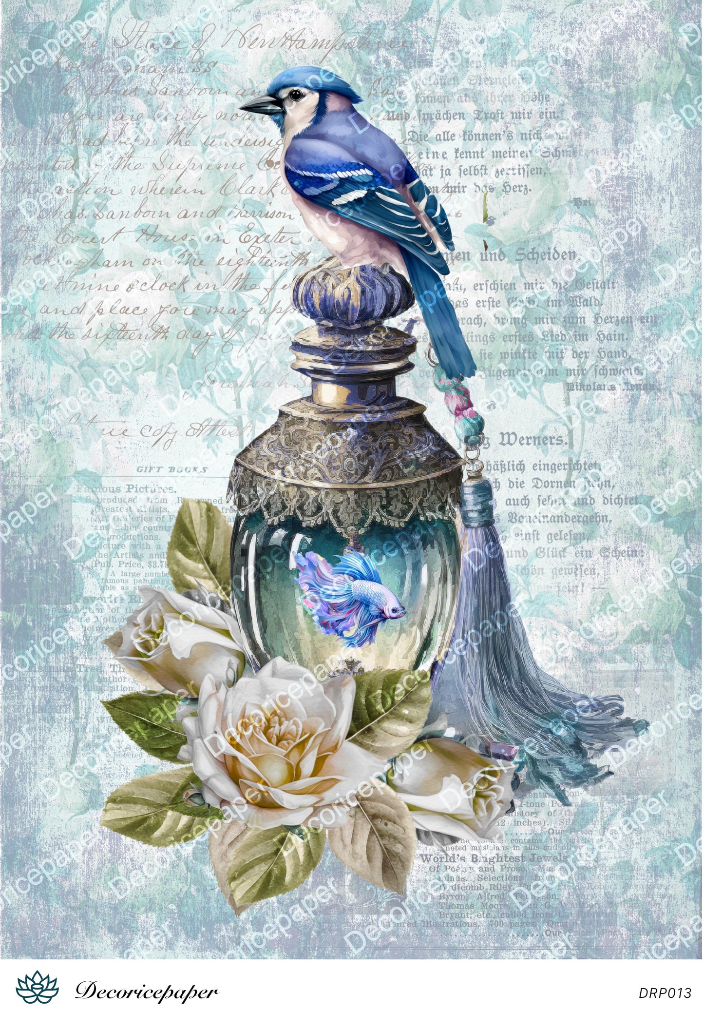 DRP013 - Vintage Perfume and Blue Jays - Rice Paper A4