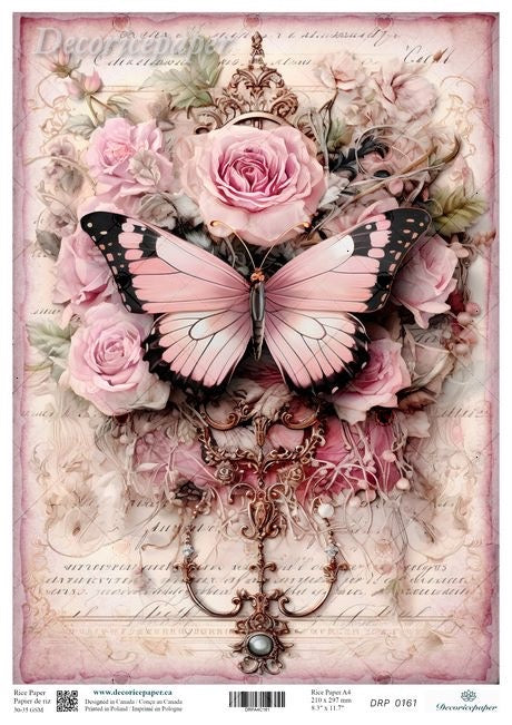 Decorative paper with a pink butterfly and roses on a vintage-style background