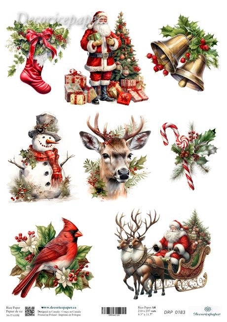 Collection of Christmas-themed illustrations including Santa Claus, reindeer, cardinal, snowman, and deer.