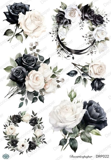 DRP022 - Charming Black and White Roses Rice Paper A4