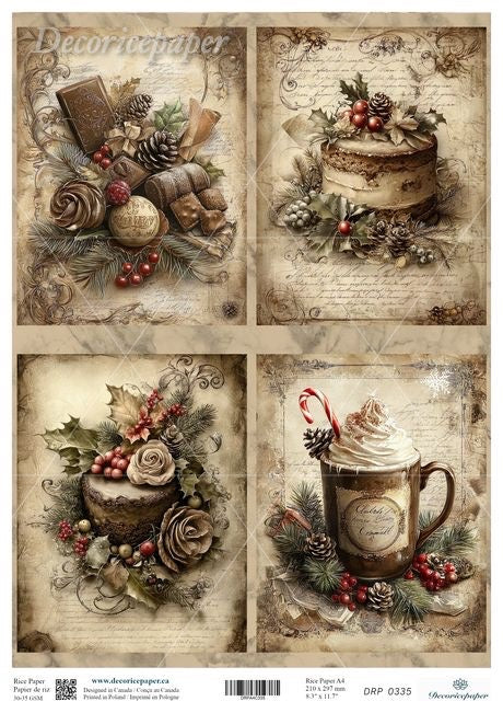 A vintage-style holiday collage sheet with four illustrated panels: ornaments and pinecones, a decorated cake, a floral arrangement with berries, and a whipped drink in a mug with a candy cane. The artwork uses warm sepia tones on a parchment-like background, with decorative script and ornamental flourishes.