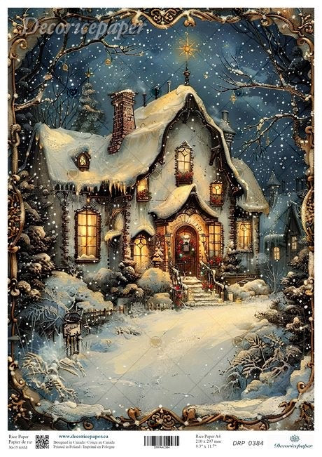 Decorative paper with a snowy village scene featuring a house and trees.