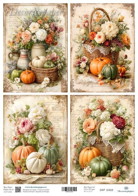 Set of four decorative panels on rice paper featuring autumn-themed illustrations with pumpkins, flowers, and wicker baskets