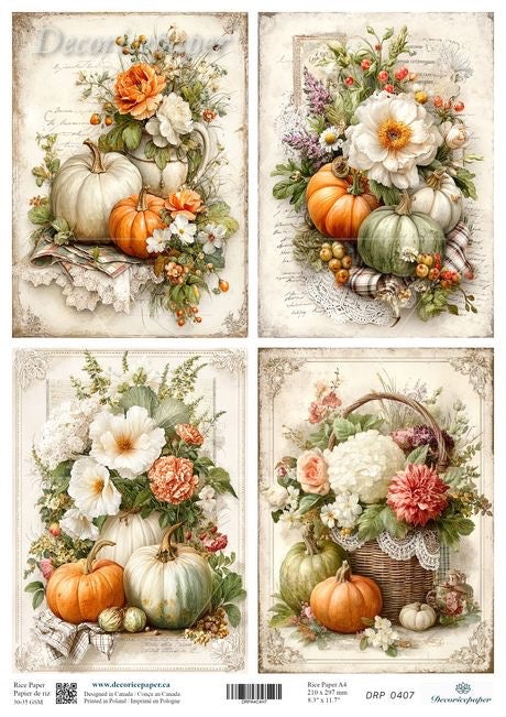 Four autumn-themed illustrations on rice paper featuring pumpkins, flowers, and a basket on a decorative background