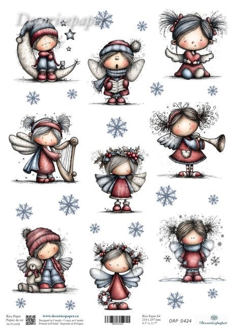 Illustrations of cute fairy-like characters on rice paper with winter accessories with snowflakes