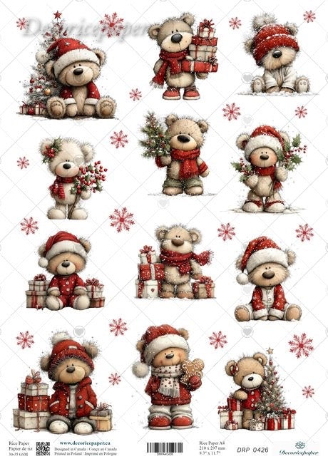 A sheet of Christmas-themed teddy bear illustrations on a white background, featuring multiple beige teddy bears wearing red Santa hats and scarves, holding gifts, flowers, and a small tree, with red snowflake accents.