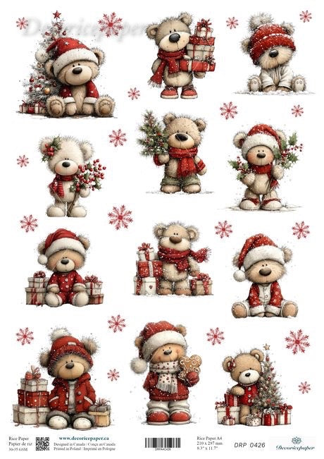 A sheet of Christmas-themed teddy bear illustrations on a white background, featuring multiple beige teddy bears wearing red Santa hats and scarves, holding gifts, flowers, and a small tree, with red snowflake accents.