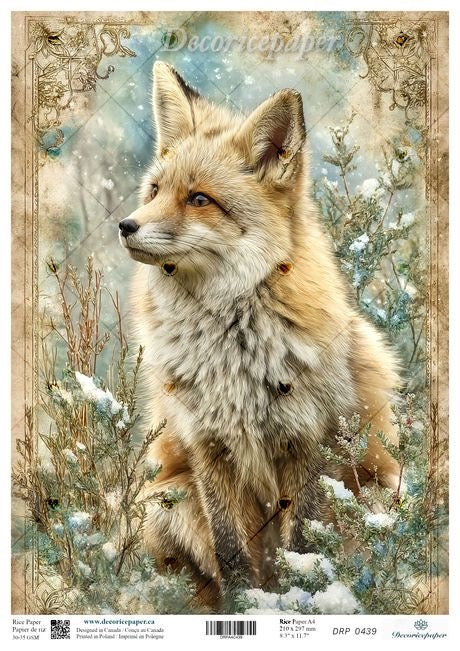 Red fox standing in a snowy forest with decorative elements