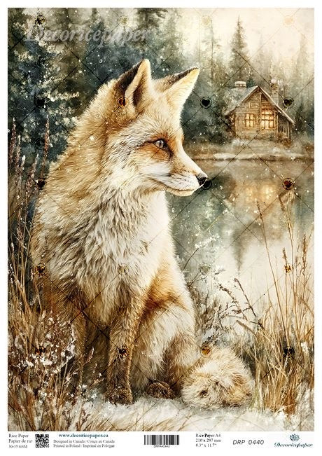 Fox sitting in a snowy landscape with a cabin in the background